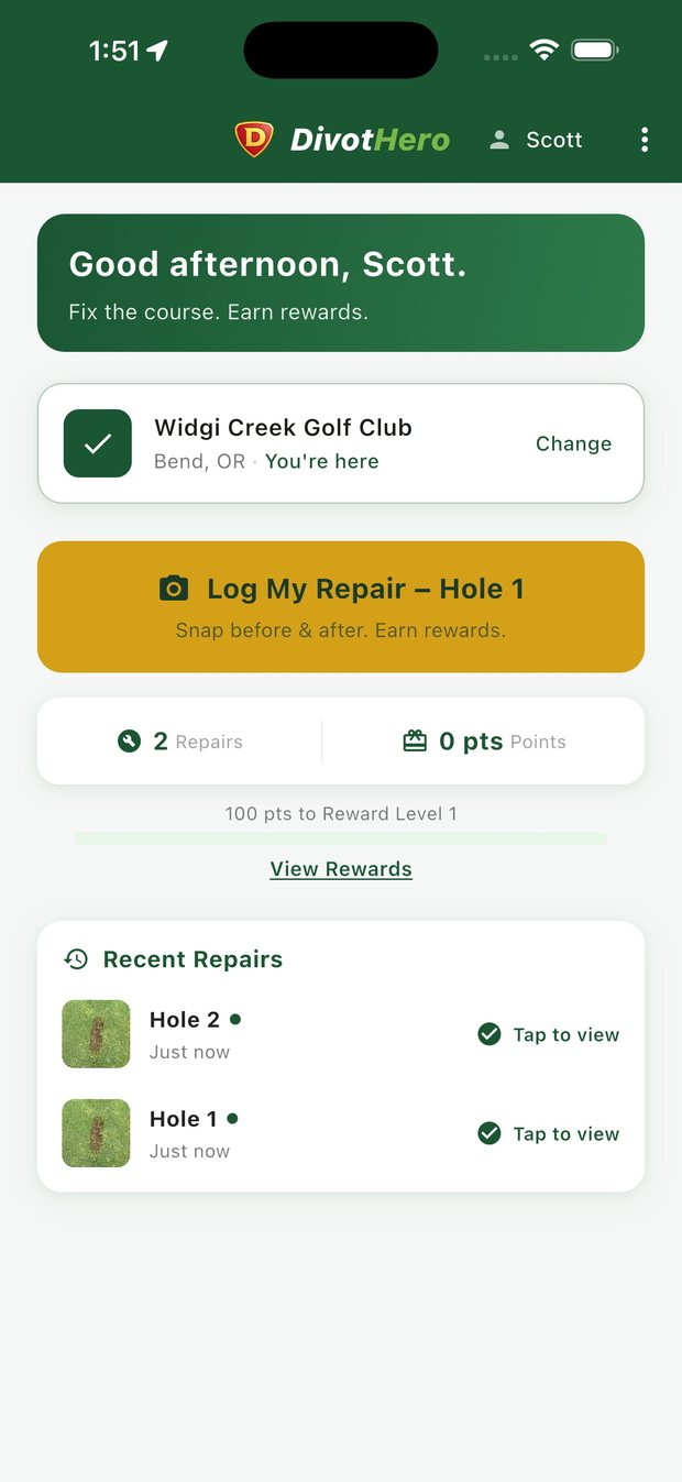 DivotHero home screen — checked in at your course