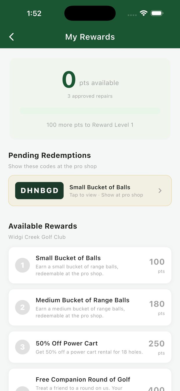 My Rewards — redeem points at the pro shop